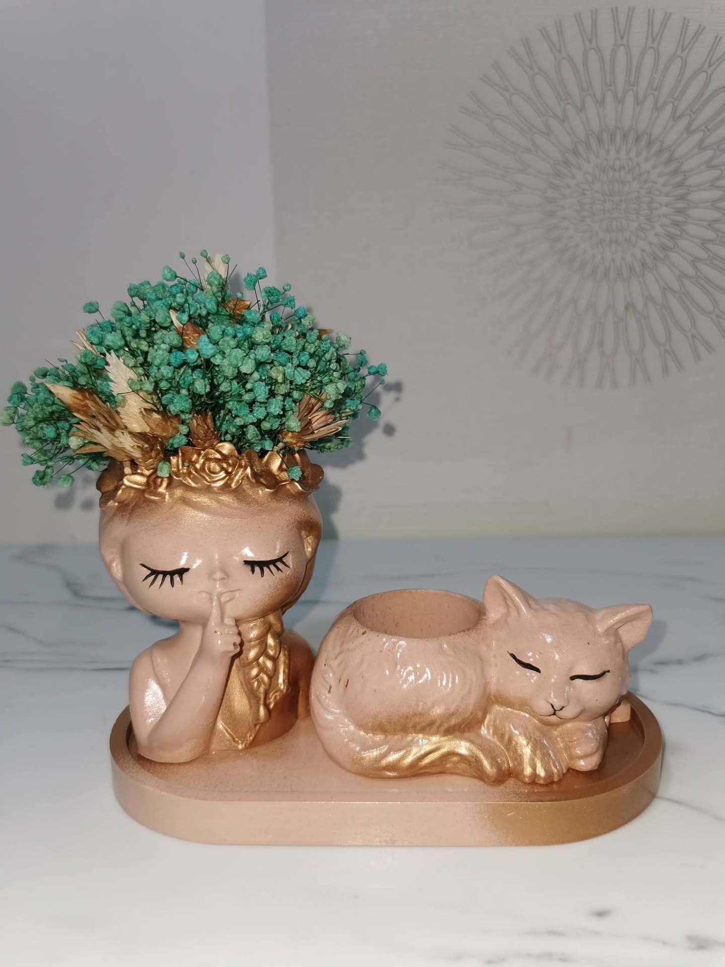 Set decorativ „Shhh & Cat” roz-auriu – produs handmade Jeraima, lucrat manual pe comandă