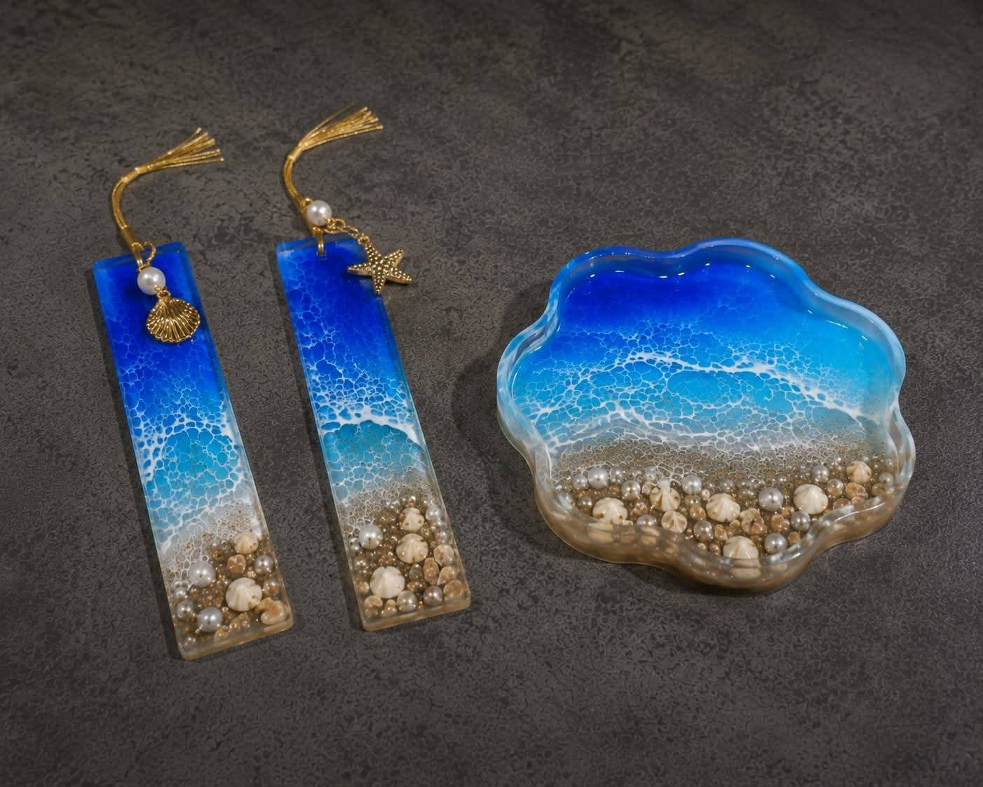 Semne de carte din rășină „Ocean” cu perle – produs handmade Jeraima, lucrat manual pe comandă