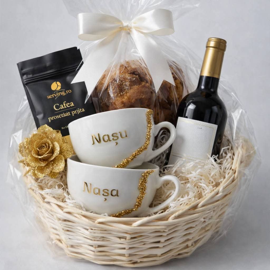 Coș cadou „Nașu & Nașa” cu cești personalizate – produs handmade Jeraima, lucrat manual pe comandă