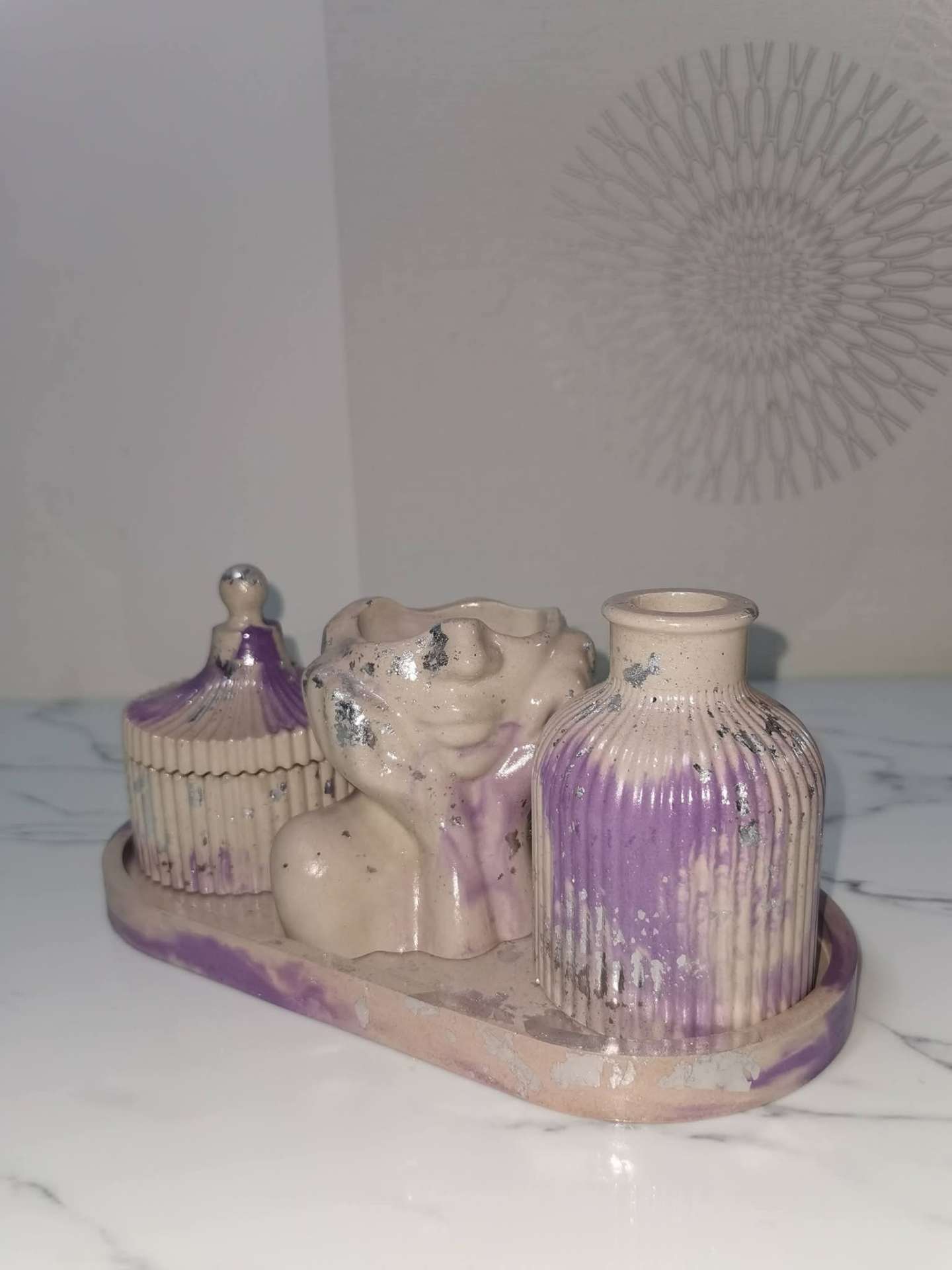 Set decorativ „Lavender Marble” cu foiță de argint – produs handmade Jeraima, lucrat manual pe comandă